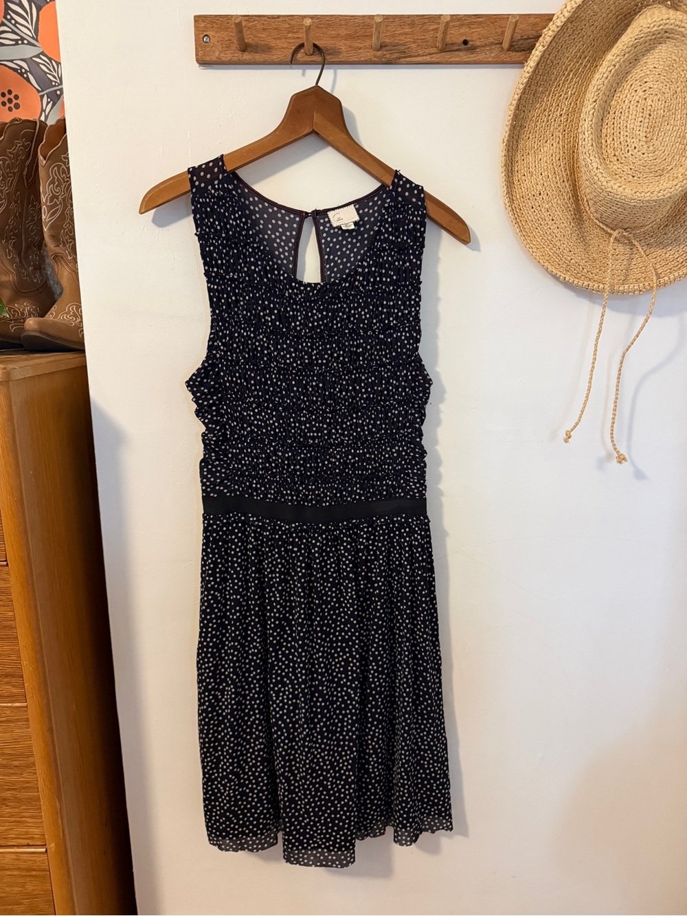 Anthropologie Navy Polka Dot Mini Dress